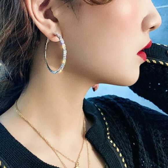 💎RESTOCK💎 925 sterling Silver Diamond Baguettes Hoop Earrings white sapphires - Picture 7 of 9